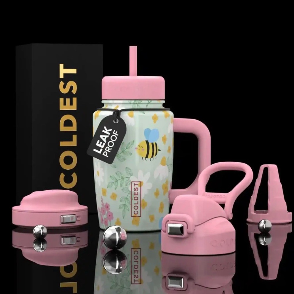 Coldest Cup 15oz Pink Bee Leak-Proof Tumbler with 3 lids of choice! Brand New